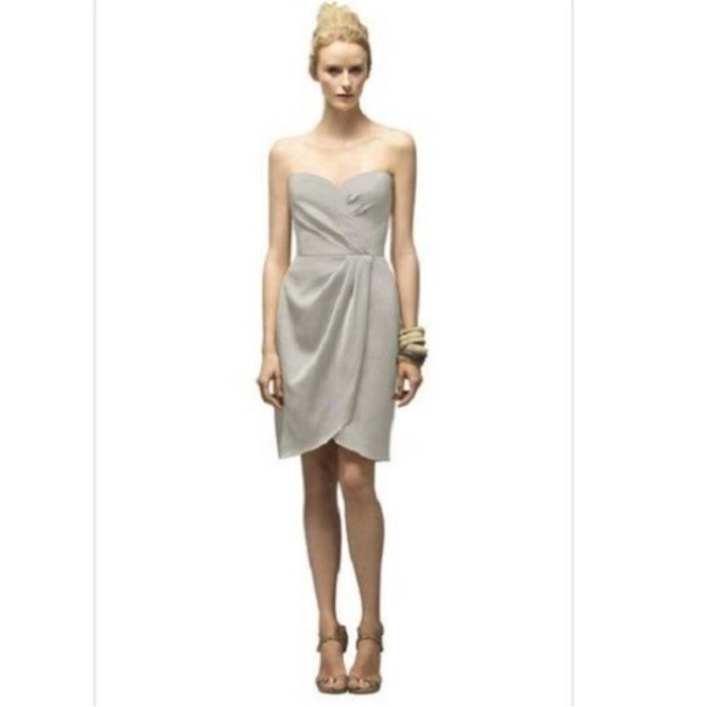Lela Rose Glamour Strapless Satin Cocktail Length Bridesmaid Dress Alabaster 10